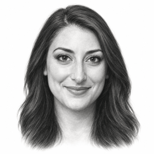 AI-generated pencil portrait of Sara Jacobs