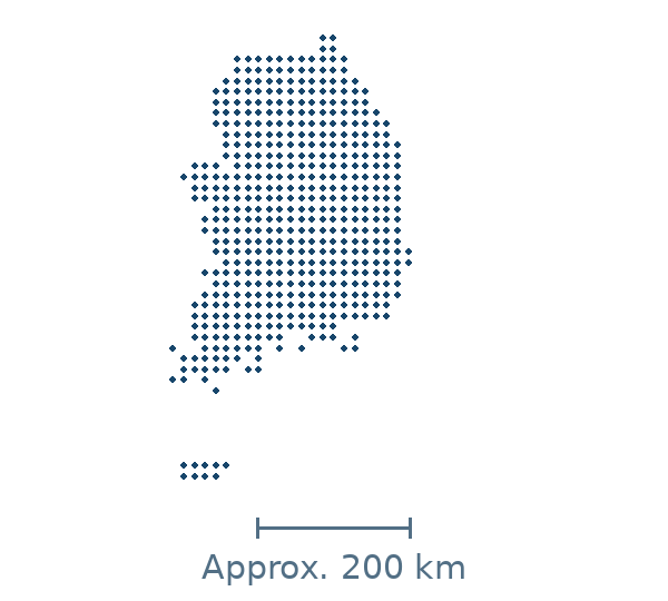 Blue dotted geographic silhouette of South Korea, with an approximate distance scale