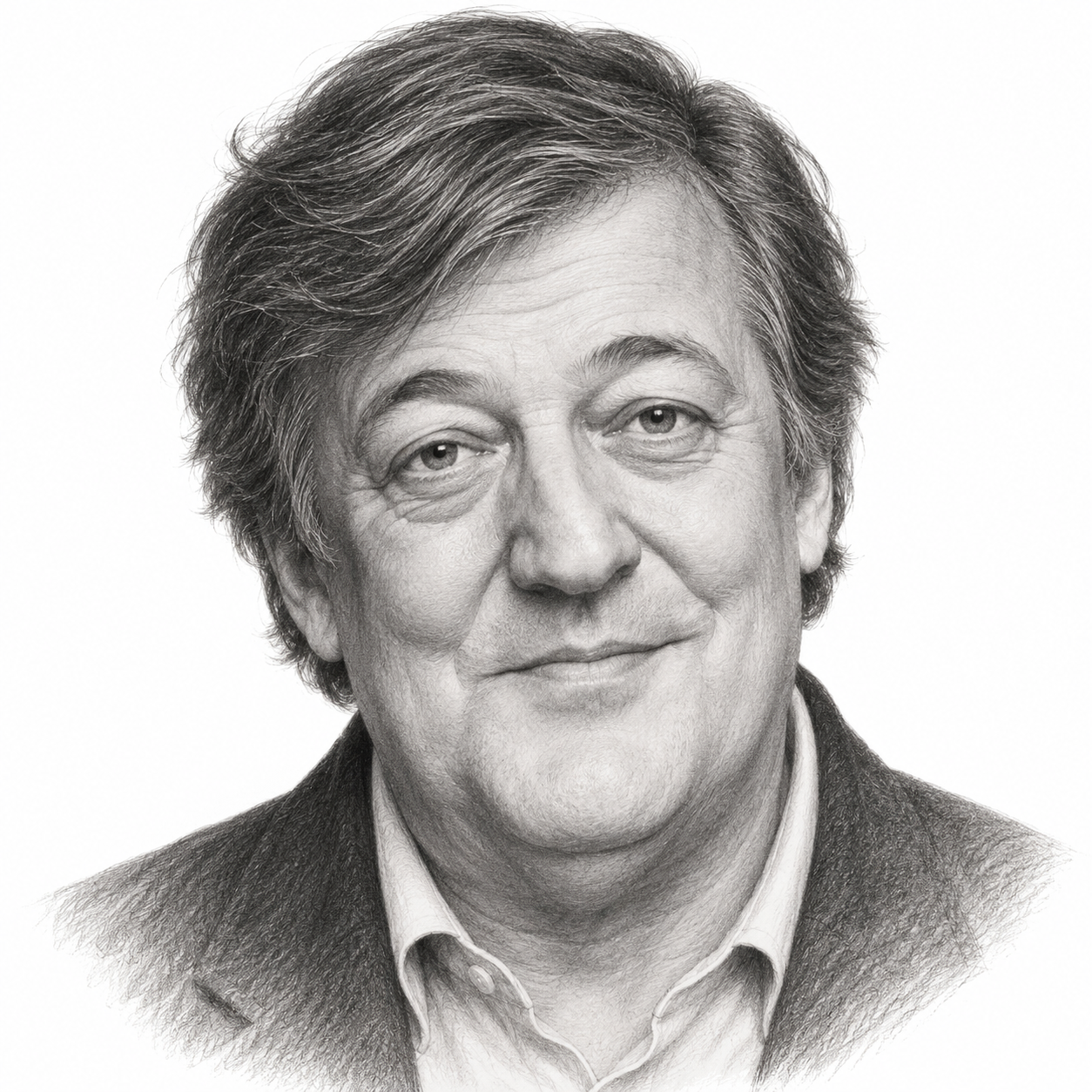 Pencil portrait illustration of Stephen Fry