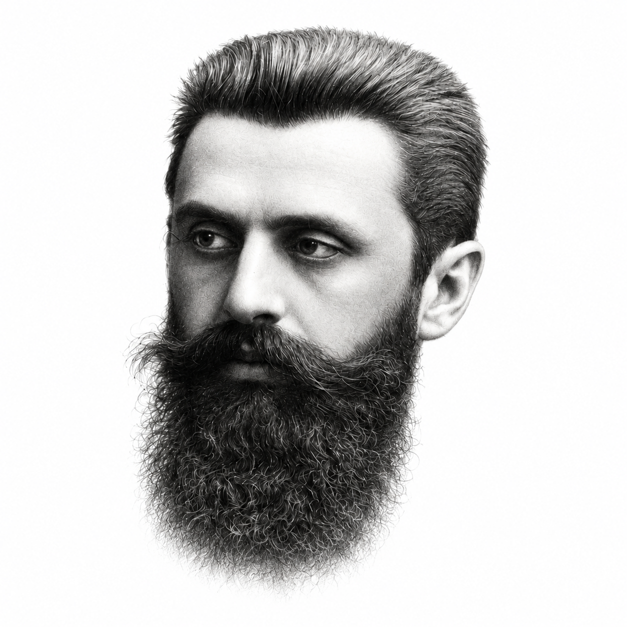 AI-assisted head-only pencil portrait of Theodor Herzl with full hair and beard visible