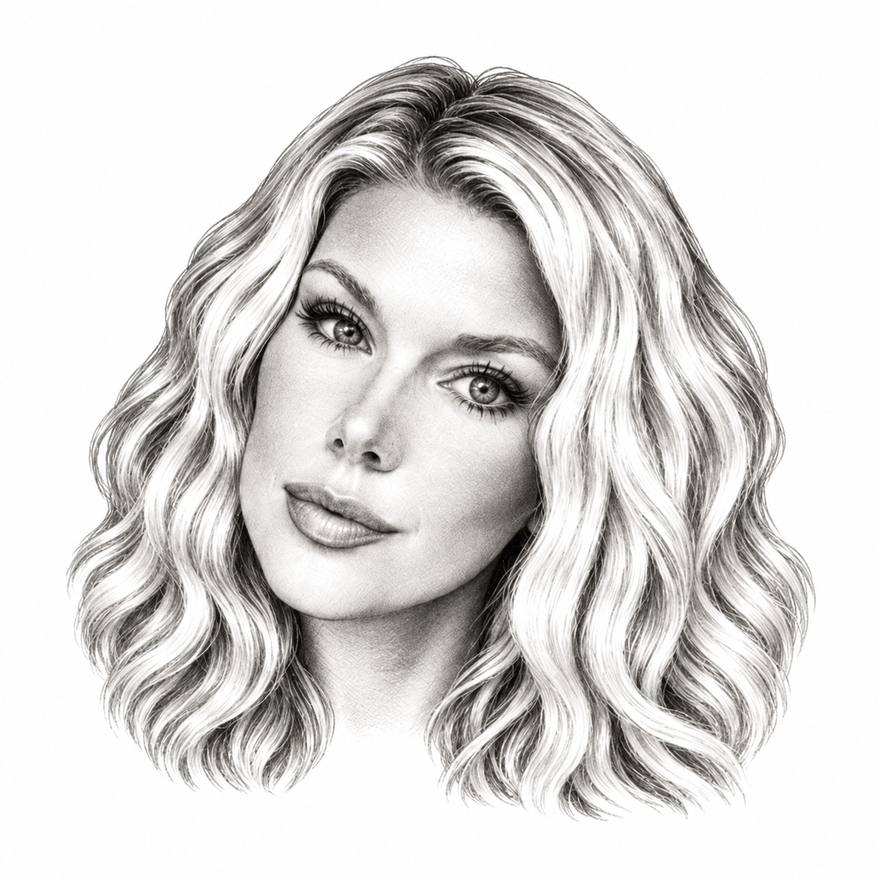 Black-and-white portrait illustration of Tiffany Savage with full hair visible