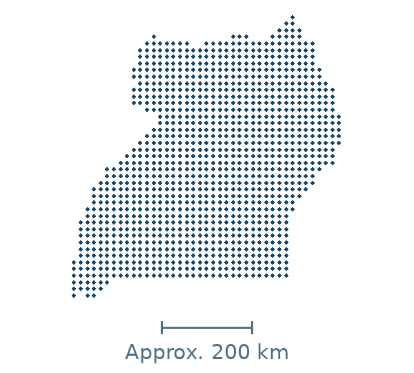 Blue dotted geographic map of uganda, with approximate distance scale