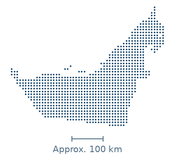 Blue dotted geographic map of united arab emirates, with approximate distance scale