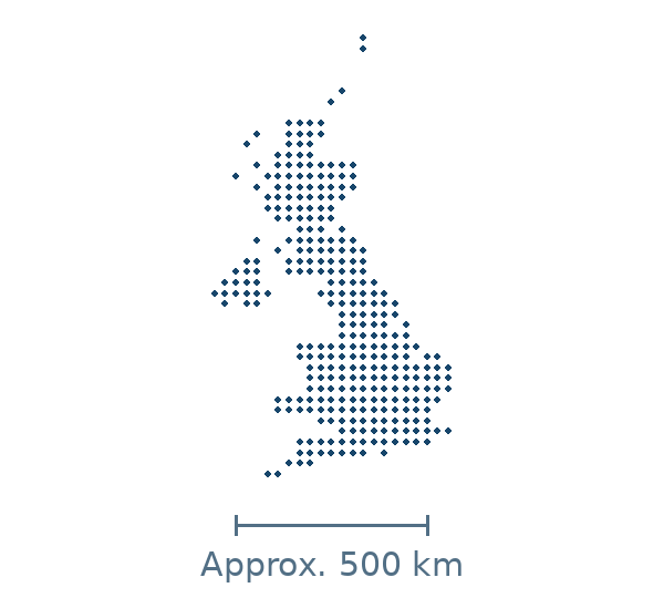 Blue dotted map of united kingdom in Europe, with approximate distance scale